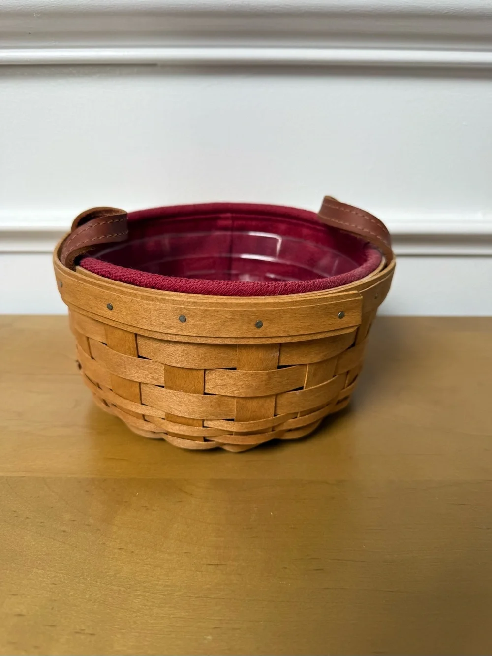 Longaberger Woven Basket with Burgundy Liner and Brown Leather Handles